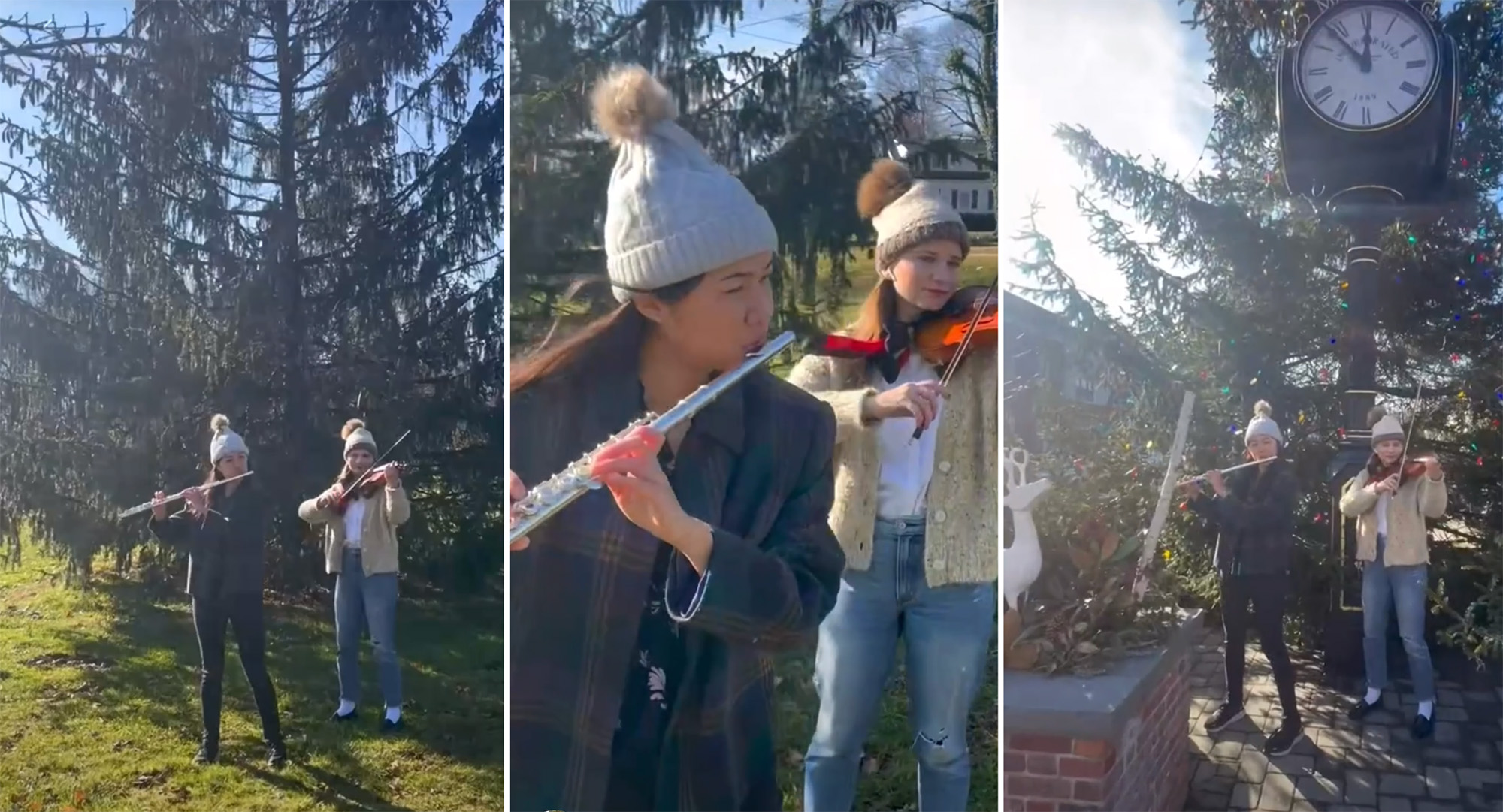 three stills of women playing flute and violin